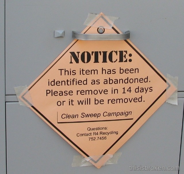 Sign on paper filer Notice This item has been identified as abandoned. Please remove in 14 years or it will be removed.